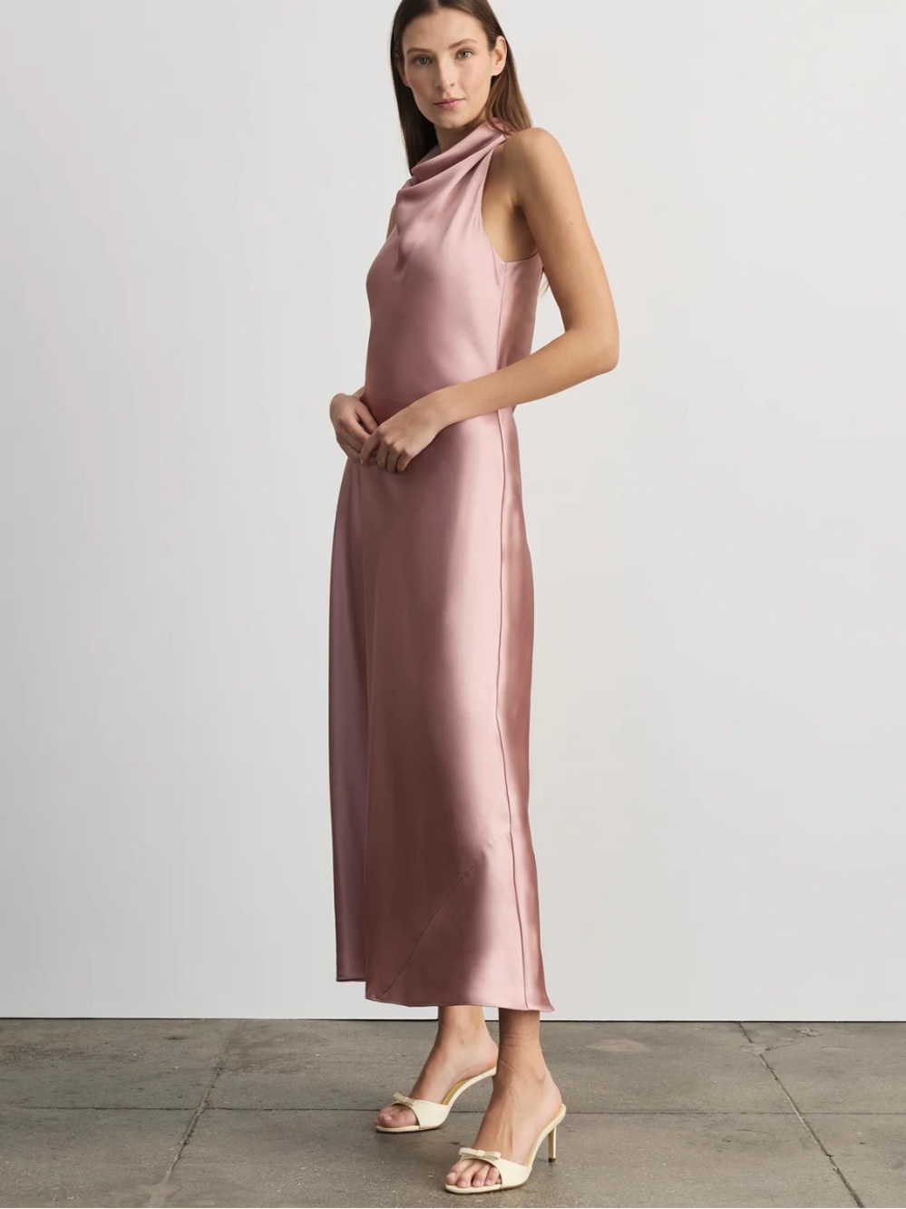 Tanya Taylor Rose Pink Satin Cowl Neck Dress